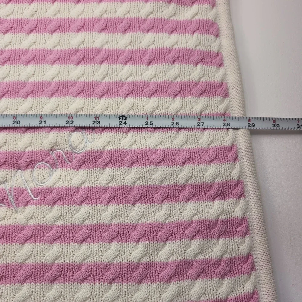 Pottery Barn Kids Cable Knit Baby Blanket Pink & Cream Stripe Sherpa 29x37 NORA